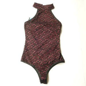 Dark Red & Black Fishnet Bodysuit - Festival Rave Outfit - Size XS